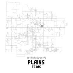 Plains Texas. US street map with black and white lines.