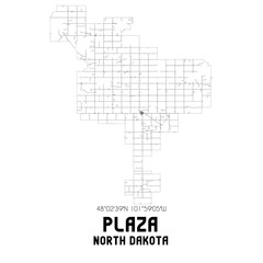 Plaza North Dakota. US street map with black and white lines.