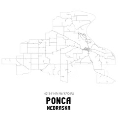 Ponca Nebraska. US street map with black and white lines.