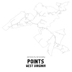 Points West Virginia. US street map with black and white lines.