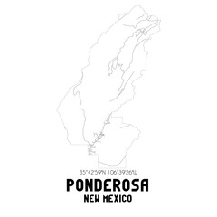 Ponderosa New Mexico. US street map with black and white lines.
