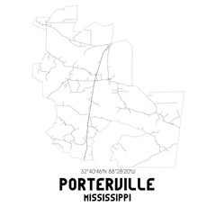 Porterville Mississippi. US street map with black and white lines.