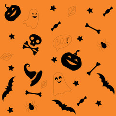 halloween background with skull bats, pumpkins, spiders and so on Vector illustration
