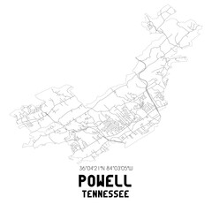 Powell Tennessee. US street map with black and white lines.