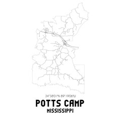 Potts Camp Mississippi. US street map with black and white lines.