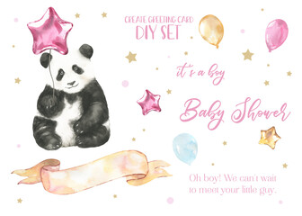 Watercolor panda Happy Mother's day diy set. Create greeting card, invitation, poster,flyer, postcard. Mother and baby, kiss illustration. Gift for woman, grandmother. Ballon, ribbon, colorful, baby 