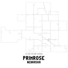 Primrose Nebraska. US street map with black and white lines.