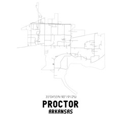 Proctor Arkansas. US street map with black and white lines.