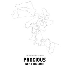 Procious West Virginia. US street map with black and white lines.