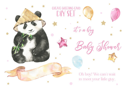 Watercolor panda Happy Mother's day diy set. Create greeting card, invitation, poster,flyer, postcard. Mother and baby, kiss illustration. Gift for woman, grandmother. Ballon, ribbon, colorful, baby 