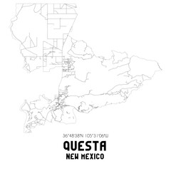 Questa New Mexico. US street map with black and white lines.