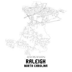 Raleigh North Carolina. US street map with black and white lines.