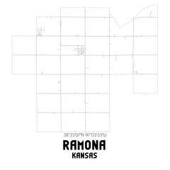 Ramona Kansas. US street map with black and white lines.