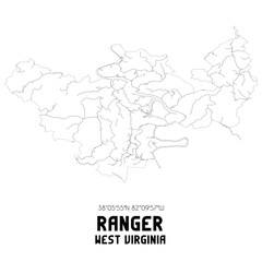 Ranger West Virginia. US street map with black and white lines.