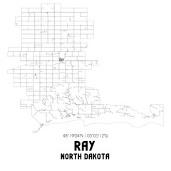 Ray North Dakota. US street map with black and white lines.