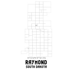 Raymond South Dakota. US street map with black and white lines.