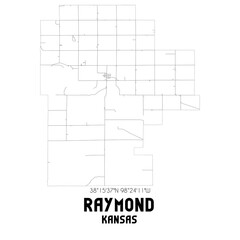 Raymond Kansas. US street map with black and white lines.