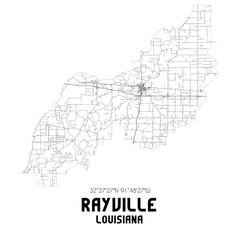 Rayville Louisiana. US street map with black and white lines.