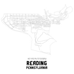 Reading Pennsylvania. US street map with black and white lines.