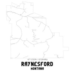 Raynesford Montana. US street map with black and white lines.