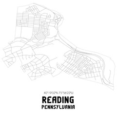Reading Pennsylvania. US street map with black and white lines.