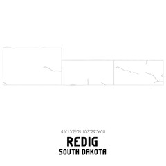 Redig South Dakota. US street map with black and white lines.