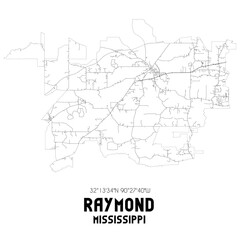 Raymond Mississippi. US street map with black and white lines.