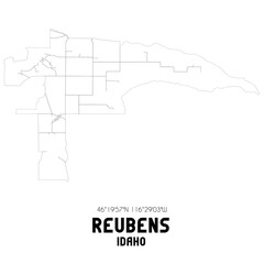 Reubens Idaho. US street map with black and white lines.