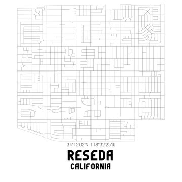 Reseda California. US street map with black and white lines.