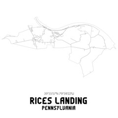 Rices Landing Pennsylvania. US street map with black and white lines.