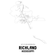 Richland Mississippi. US street map with black and white lines.