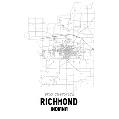 Richmond Indiana. US street map with black and white lines.