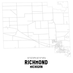 Richmond Michigan. US street map with black and white lines.