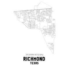 Richmond Texas. US street map with black and white lines.