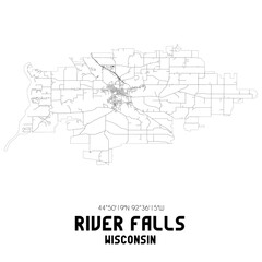 River Falls Wisconsin. US street map with black and white lines.