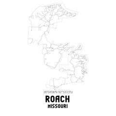 Roach Missouri. US street map with black and white lines.