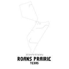 Roans Prairie Texas. US street map with black and white lines.