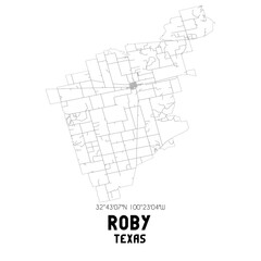 Roby Texas. US street map with black and white lines.