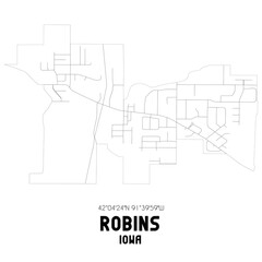 Robins Iowa. US street map with black and white lines.