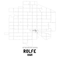 Rolfe Iowa. US street map with black and white lines.