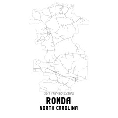 Ronda North Carolina. US street map with black and white lines. © Rezona