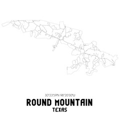 Round Mountain Texas. US street map with black and white lines.