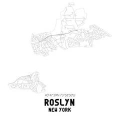 Roslyn New York. US street map with black and white lines.