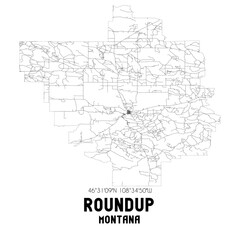 Roundup Montana. US street map with black and white lines.