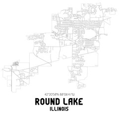 Fototapeta na wymiar Round Lake Illinois. US street map with black and white lines.