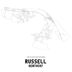 Russell Kentucky. US street map with black and white lines.