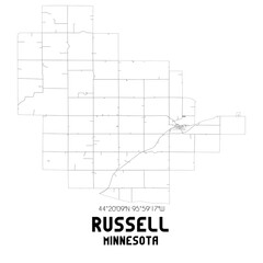 Russell Minnesota. US street map with black and white lines.
