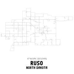 Ruso North Dakota. US street map with black and white lines.