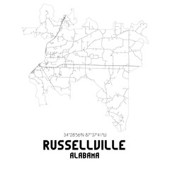 Russellville Alabama. US street map with black and white lines.