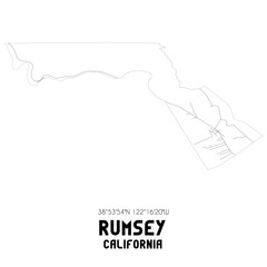 Rumsey California. US street map with black and white lines.